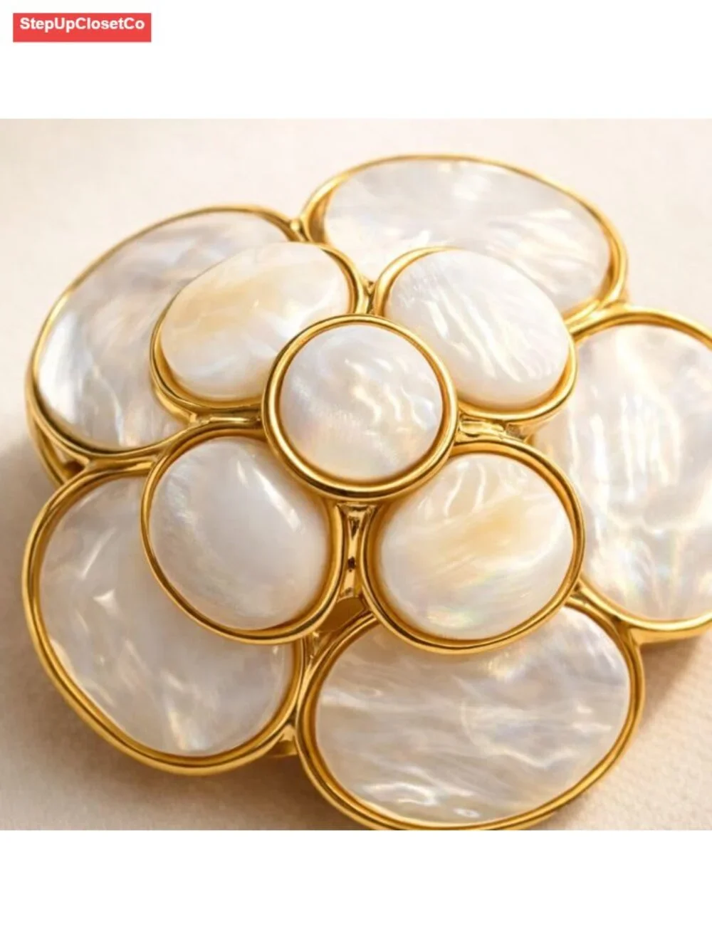 Luxury Copper & Natural Seashell Camellia Brooch Floral Pin